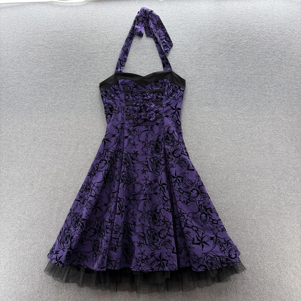 Hearts Roses London Dress 6 Purple Tattoo Rose Halter Fit Flare Pinup Rockabilly